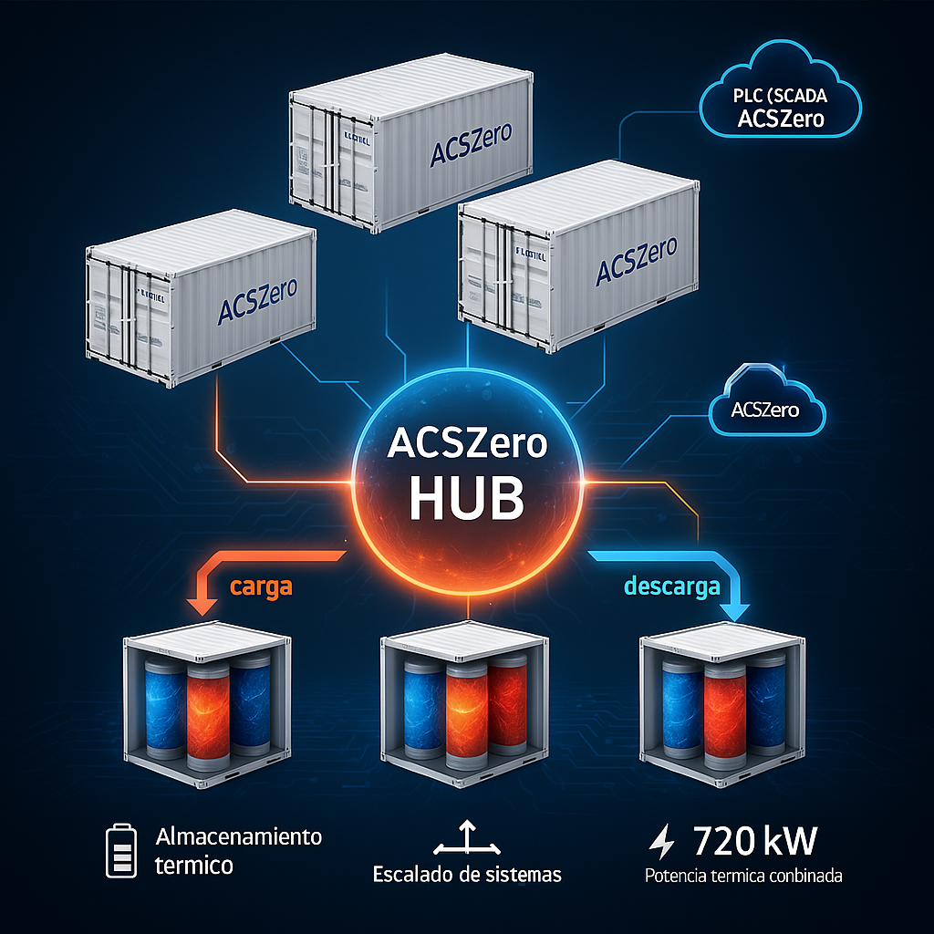 Esquema del ACSZero HUB gestionando e-240 y e-Store en una planta térmica modular industrial