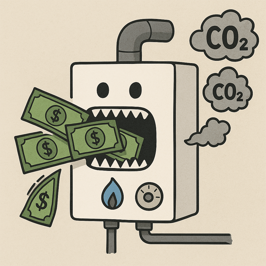 Ilustración de una caldera de gas que consume dinero y emite CO₂