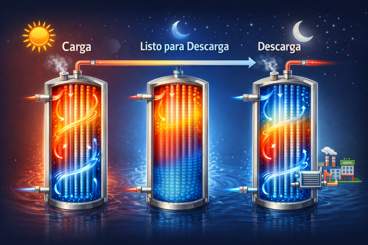 Sección transversal e-Depot mostrando estratificación y transferencia térmica